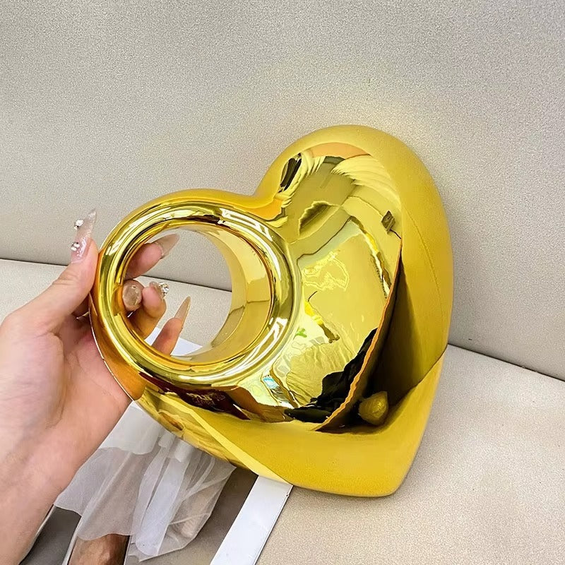 Heart Metallic Clutch - Gold